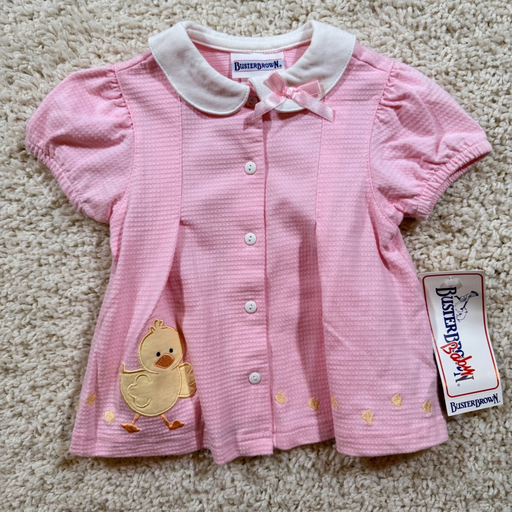 Vintage Deadstock Buster Brown Baby Girls Pink Duck Top 18 M Cottagecore